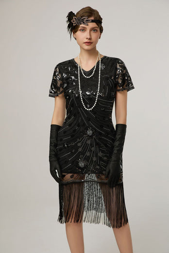 Sparkly Black Sequin Bodycon Short Sleeves 1920s Dress with Fringes