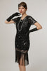 Load image into Gallery viewer, Sparkly Black Sequin Bodycon Short Sleeves 1920s Dress with Fringes