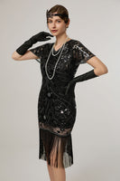 Load image into Gallery viewer, Sparkly Black Sequin Bodycon Short Sleeves 1920s Dress with Fringes