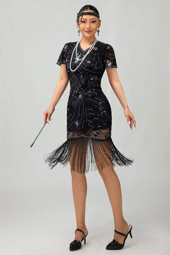 Sparkly Black Red Bodycon Fringed Short 1920s Dress with Sleeves