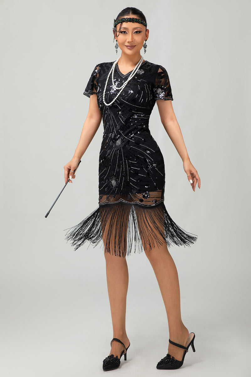 Load image into Gallery viewer, Sparkly Black Red Bodycon Fringed Short 1920s Dress with Sleeves
