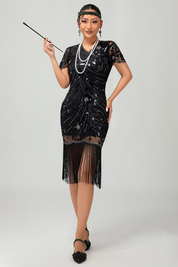 Sparkly Black Red Bodycon Fringed Short 1920s Dress with Sleeves