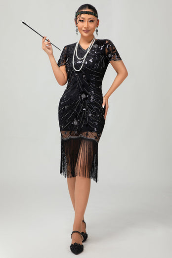 Sparkly Black Short Sleeves Sequins Flapper Dress with Fringes