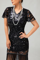 Load image into Gallery viewer, Sparkly Black Red Bodycon Fringed Short 1920s Dress with Sleeves