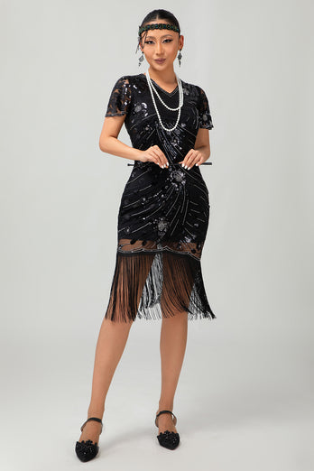 Sparkly Black Red Bodycon Fringed Short 1920s Dress with Sleeves