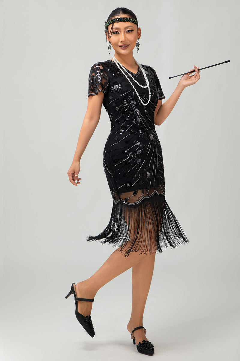 Load image into Gallery viewer, Sparkly Black Red Bodycon Fringed Short 1920s Dress with Sleeves