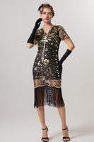 Load image into Gallery viewer, Sparkly Black Sequin Bodycon Short Sleeves 1920s Dress with Fringes