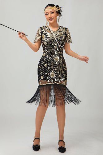 Sparkly Black Golden Sequins Flapper Dress with Fringes