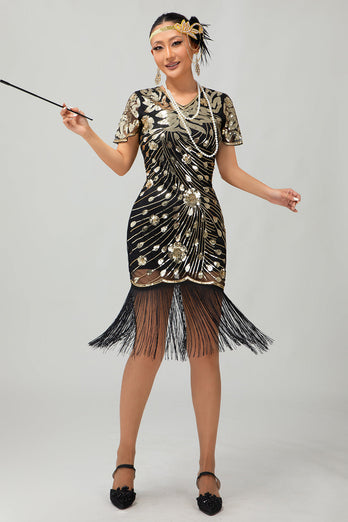 Sparkly Black Golden Sequins Flapper Dress with Fringes