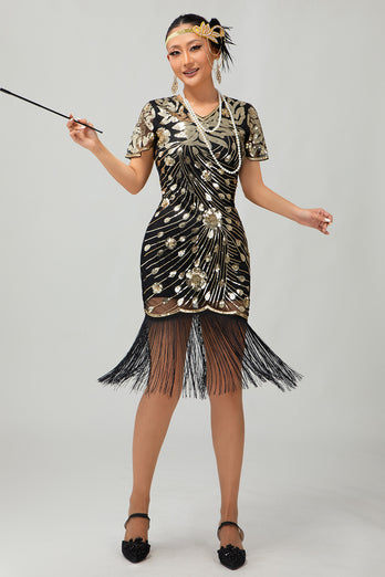 Sparkly Black Red Bodycon Fringed Short 1920s Dress with Sleeves