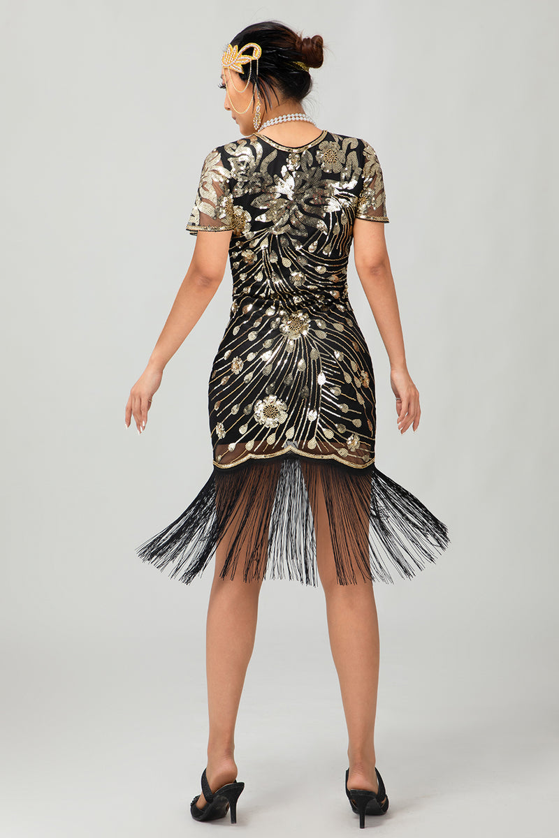Load image into Gallery viewer, Sparkly Black Red Bodycon Fringed Short 1920s Dress with Sleeves