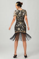 Load image into Gallery viewer, Sparkly Black Short Sleeves Sequins Flapper Dress with Fringes