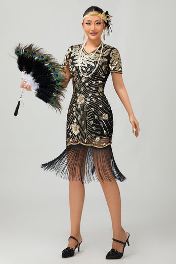 Sparkly Black Red Bodycon Fringed Short 1920s Dress with Sleeves