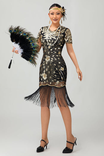 Sparkly Black Golden Sequins Flapper Dress with Fringes