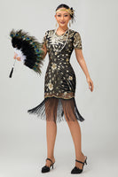 Load image into Gallery viewer, Sparkly Black Short Sleeves Sequins Flapper Dress with Fringes