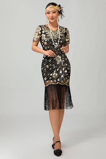 Sparkly Black Red Bodycon Fringed Short 1920s Dress with Sleeves