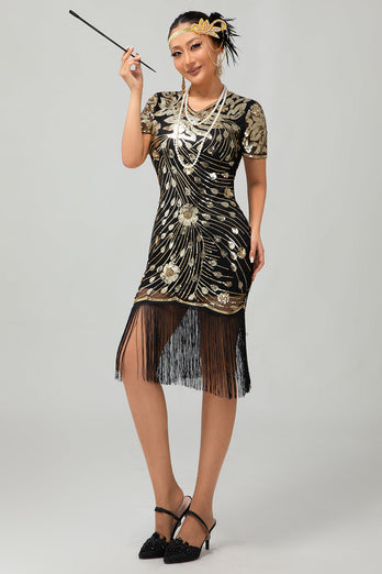 Sparkly Black Golden Sequins Flapper Dress with Fringes