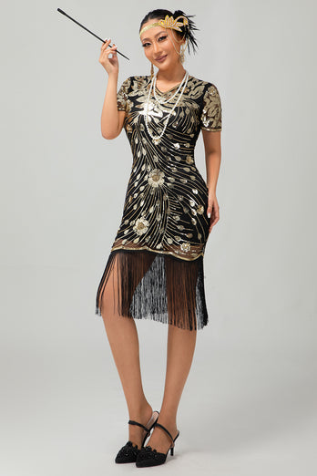 Sparkly Black Red Bodycon Fringed Short 1920s Dress with Sleeves