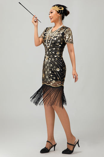 Sparkly Black Red Bodycon Fringed Short 1920s Dress with Sleeves