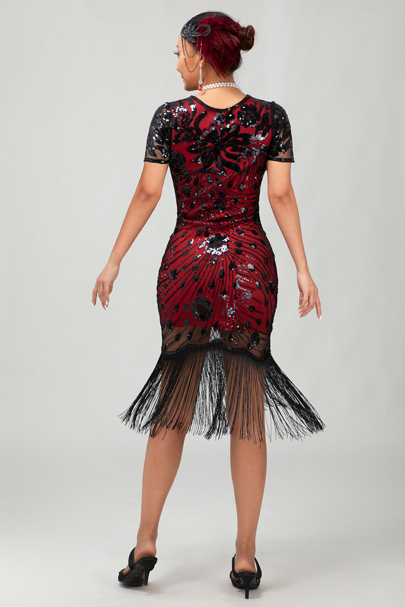 Load image into Gallery viewer, Sparkly Black Short Sleeves Sequins Flapper Dress with Fringes