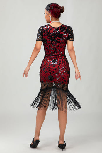 Sparkly Black Red Bodycon Fringed Short 1920s Dress with Sleeves