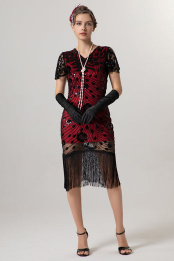 Sparkly Black Sequin Bodycon Short Sleeves 1920s Dress with Fringes