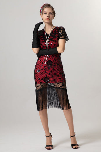 Sparkly Black Sequin Bodycon Short Sleeves 1920s Dress with Fringes