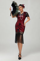 Load image into Gallery viewer, Sparkly Black Red Bodycon Fringed Short 1920s Dress with Sleeves