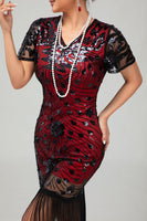 Load image into Gallery viewer, Sparkly Black Red Bodycon Fringed Short 1920s Dress with Sleeves