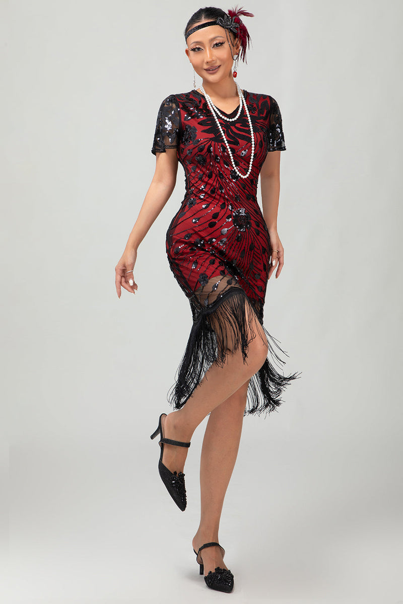 Load image into Gallery viewer, Sparkly Black Red Bodycon Fringed Short 1920s Dress with Sleeves