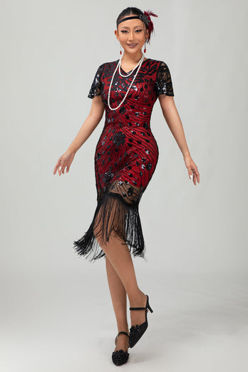Sparkly Black Red Bodycon Fringed Short 1920s Dress with Sleeves