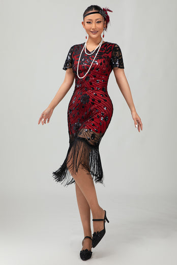 Sparkly Black Short Sleeves Sequins Flapper Dress with Fringes
