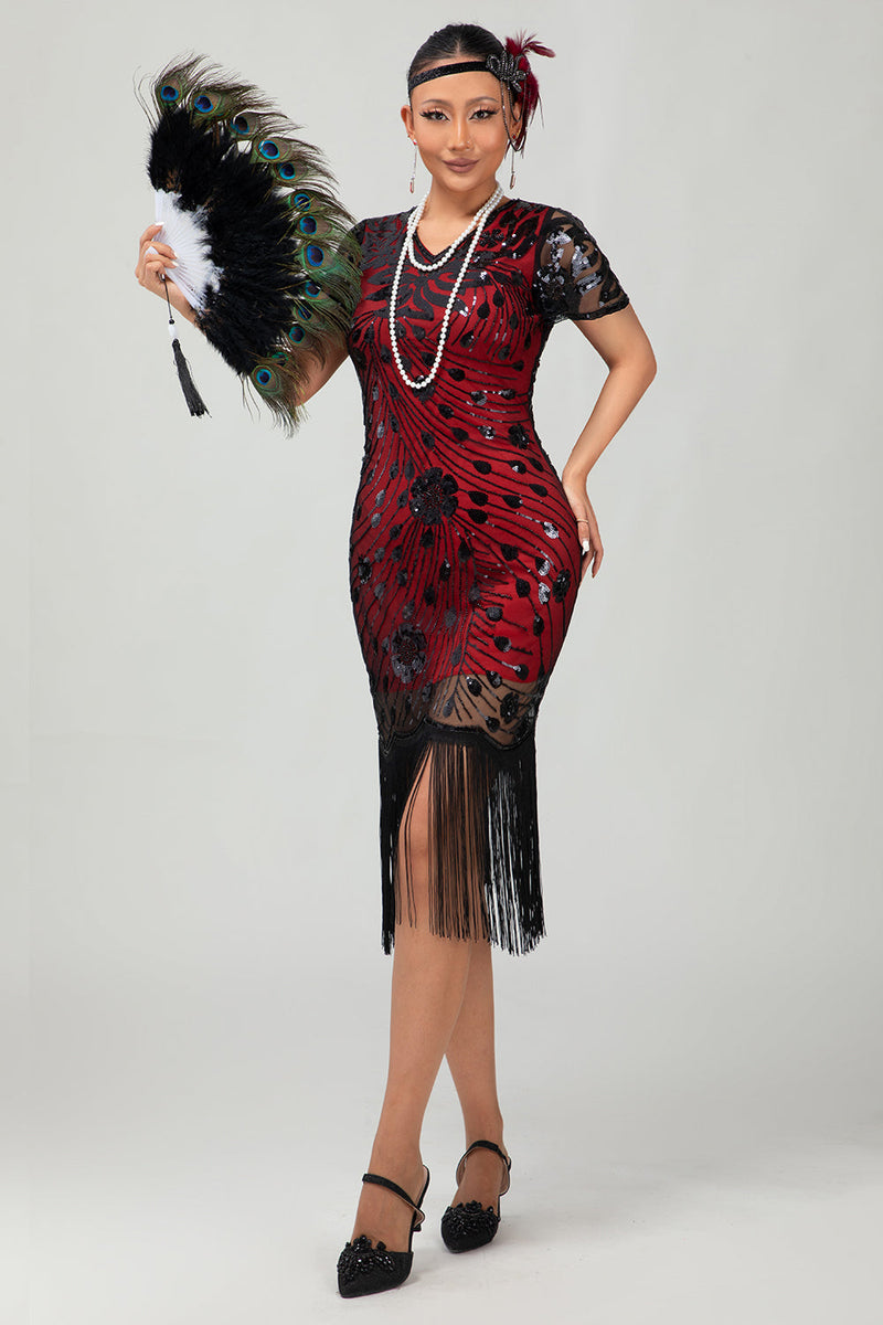 Load image into Gallery viewer, Sparkly Black Red Bodycon Fringed Short 1920s Dress with Sleeves