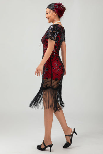 Sparkly Black Red Bodycon Fringed Short 1920s Dress with Sleeves