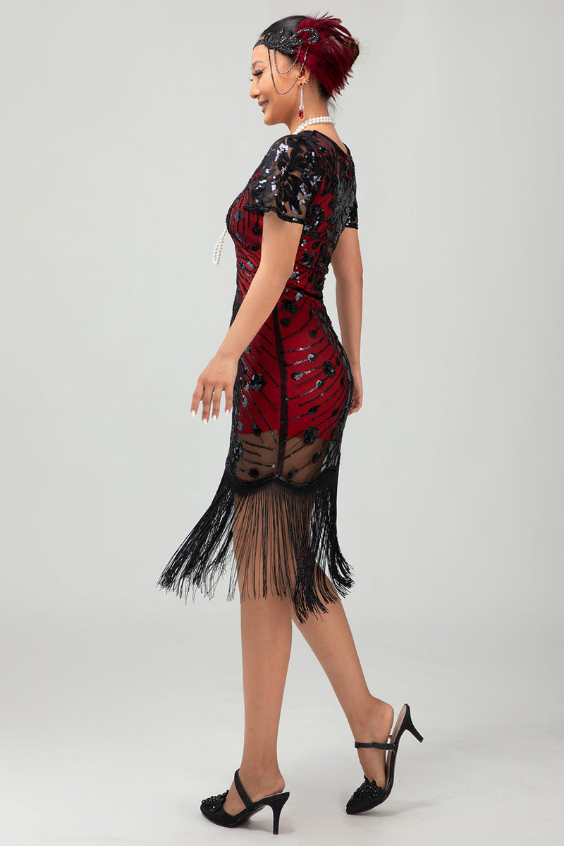 Load image into Gallery viewer, Sparkly Black Red Bodycon Fringed Short 1920s Dress with Sleeves