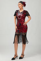Load image into Gallery viewer, Sparkly Black Red Bodycon Fringed Short 1920s Dress with Sleeves