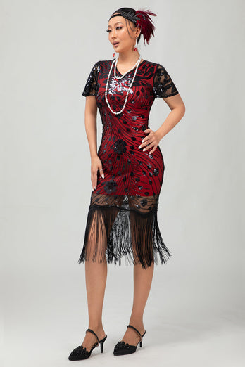 Sparkly Black Red Bodycon Fringed Short 1920s Dress with Sleeves