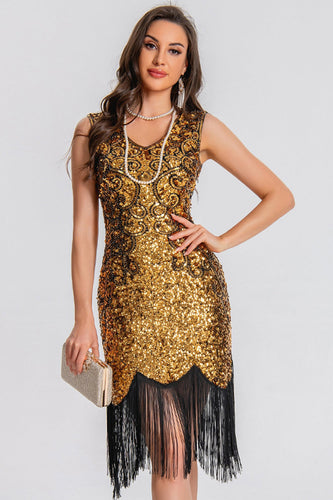Sparkly Black Golden Bodycon Sequin Short 1920s Dress with Fringes