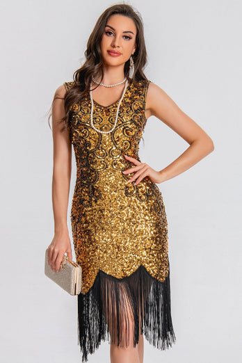 Sparkly Black Golden Bodycon Sequin Short 1920s Dress with Fringes