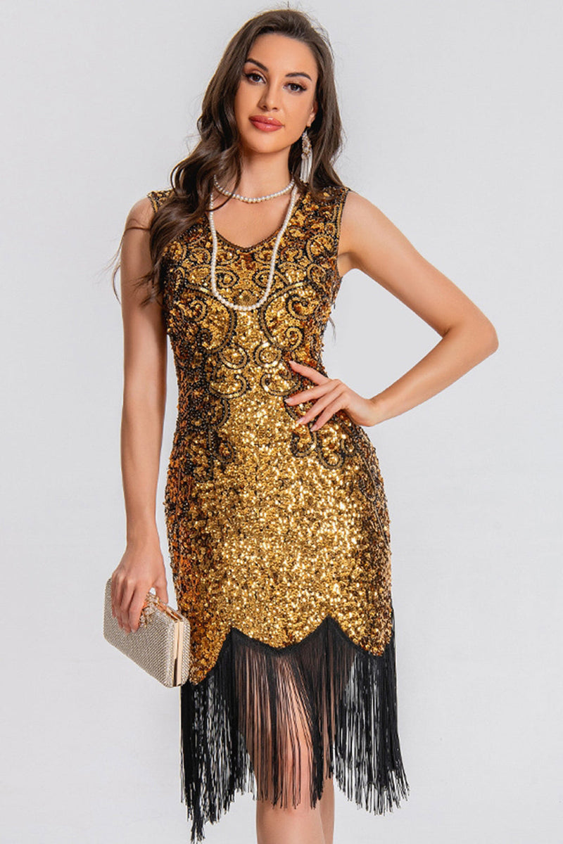Load image into Gallery viewer, Sparkly Black Golden Bodycon Sequin Short 1920s Dress with Fringes