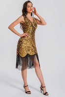 Load image into Gallery viewer, Sparkly Black Golden Bodycon Sequin Short 1920s Dress with Fringes