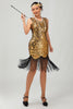 Load image into Gallery viewer, Sparkly Black Golden Short Tight Sequins 1920s Dress with Fringes