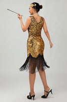 Load image into Gallery viewer, Sparkly Black Golden Short Tight Sequins 1920s Dress with Fringes