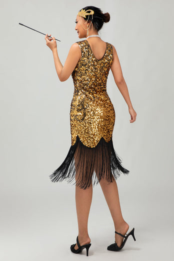 Sparkly Black Golden Short Tight Sequins 1920s Dress with Fringes
