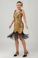 Load image into Gallery viewer, Sparkly Black Golden Short Tight Sequins 1920s Dress with Fringes