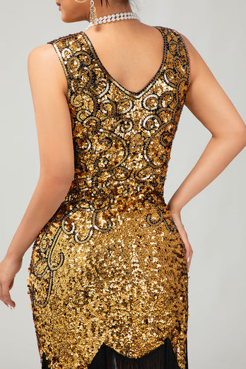 Sparkly Black Golden Short Tight Sequins 1920s Dress with Fringes