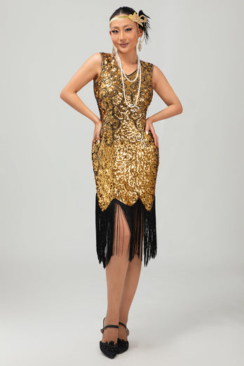 Sparkly Black Golden Short Tight Sequins 1920s Dress with Fringes