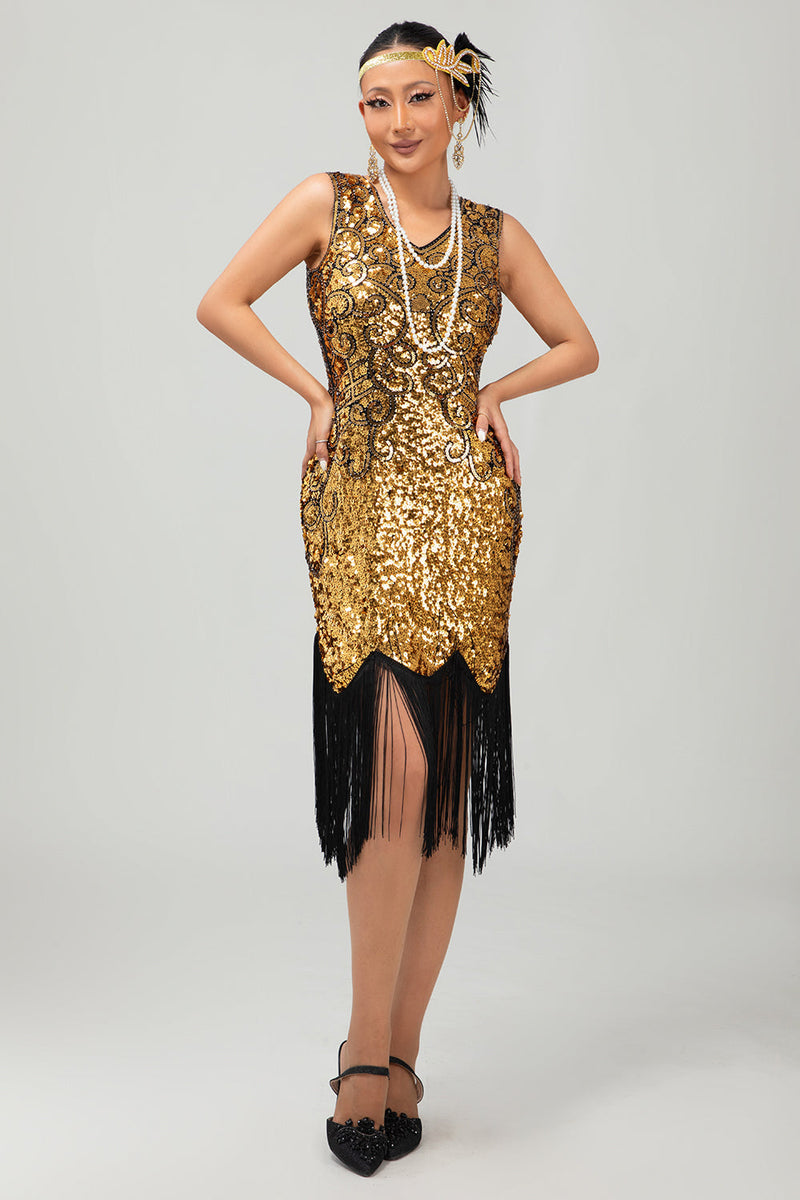 Load image into Gallery viewer, Sparkly Black Golden Short Tight Sequins 1920s Dress with Fringes
