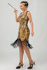 Load image into Gallery viewer, Sparkly Black Golden Short Tight Sequins 1920s Dress with Fringes