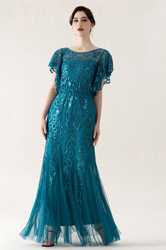 Sparkly Blue Tulle Sheath Long 1920s Dress with Sequins